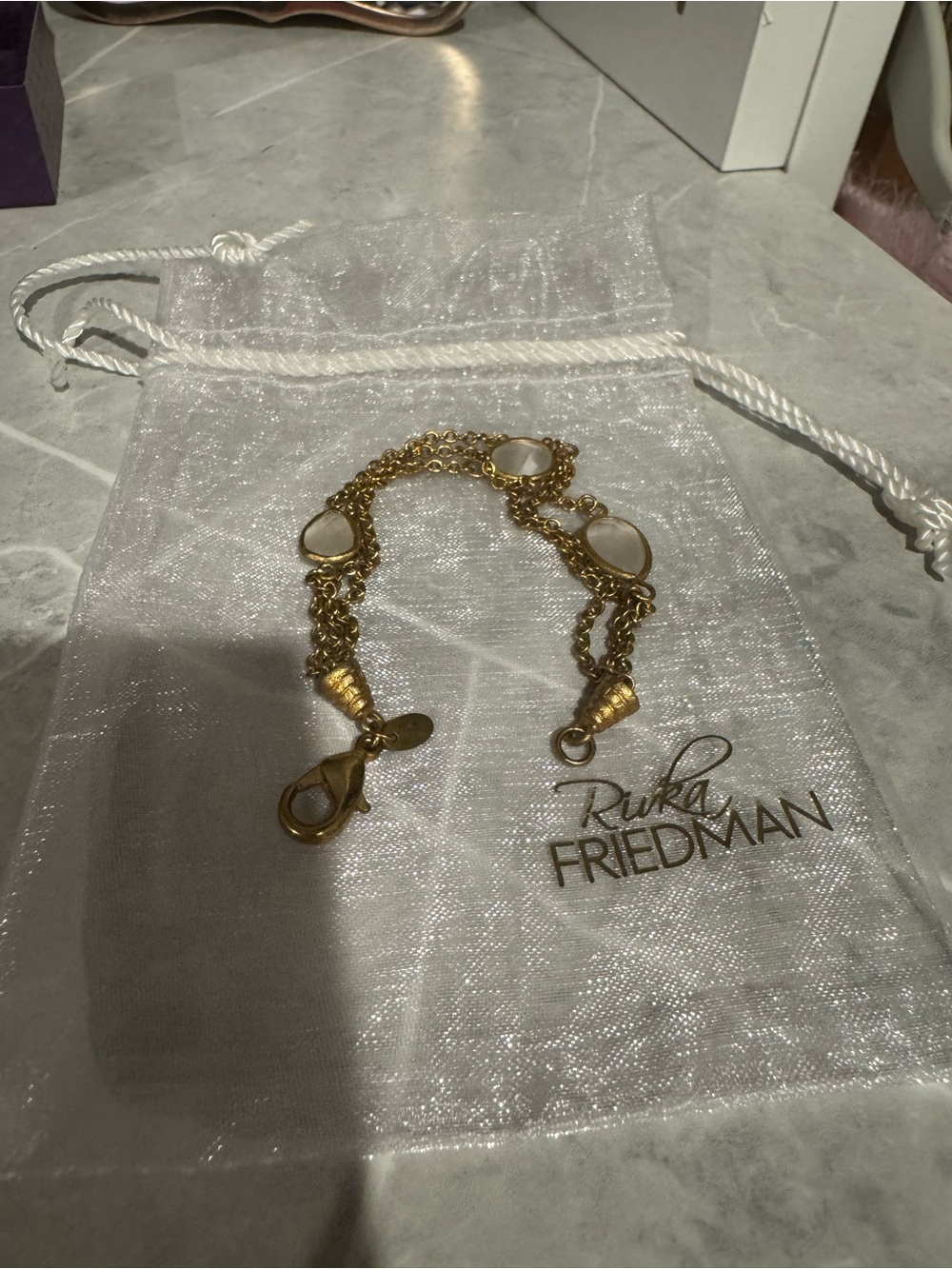 Rivka Friedman Gold Dual-Chain Bracelet with White Cabochons